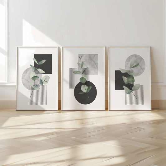 Minimal Botanical Wall Art Set of 3, Modern Eucalyptus Prints, Japandi Home Decor, Neutral Abstract Line Posters for Living Room Bedroom B32