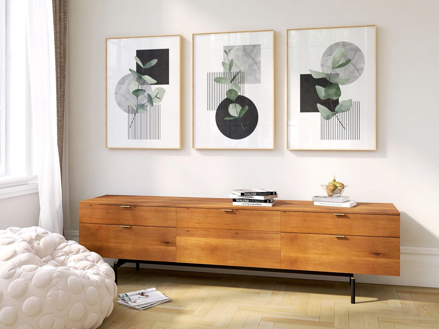 Minimal Botanical Wall Art Set of 3, Modern Eucalyptus Prints, Japandi Home Decor, Neutral Abstract Line Posters for Living Room Bedroom B32