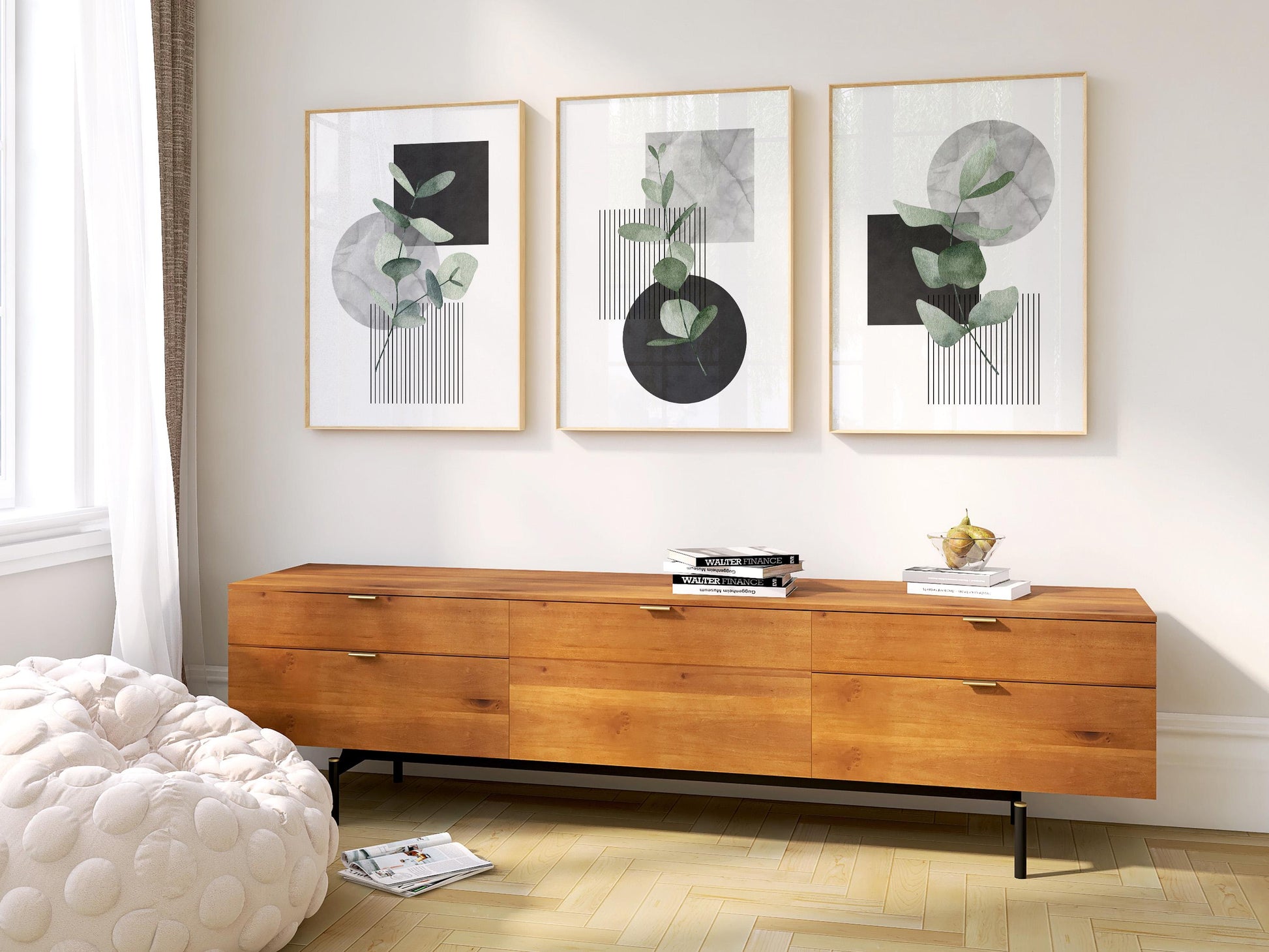 Minimal Botanical Wall Art Set of 3, Modern Eucalyptus Prints, Japandi Home Decor, Neutral Abstract Line Posters for Living Room Bedroom B32
