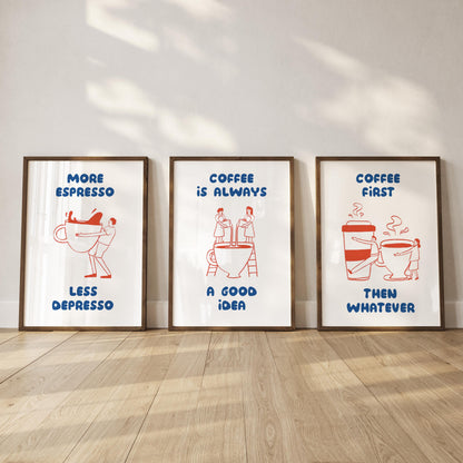 Funny Coffee Quote Poster Set – Espresso, Cafe Wall Art Trio (3 Prints) D135