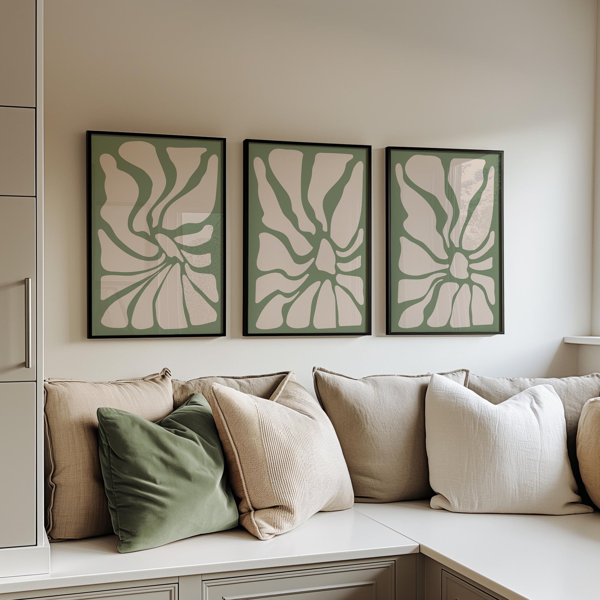 Sage Green Botanical Abstract Prints – Set of 3 Minimalist Wall Art B40