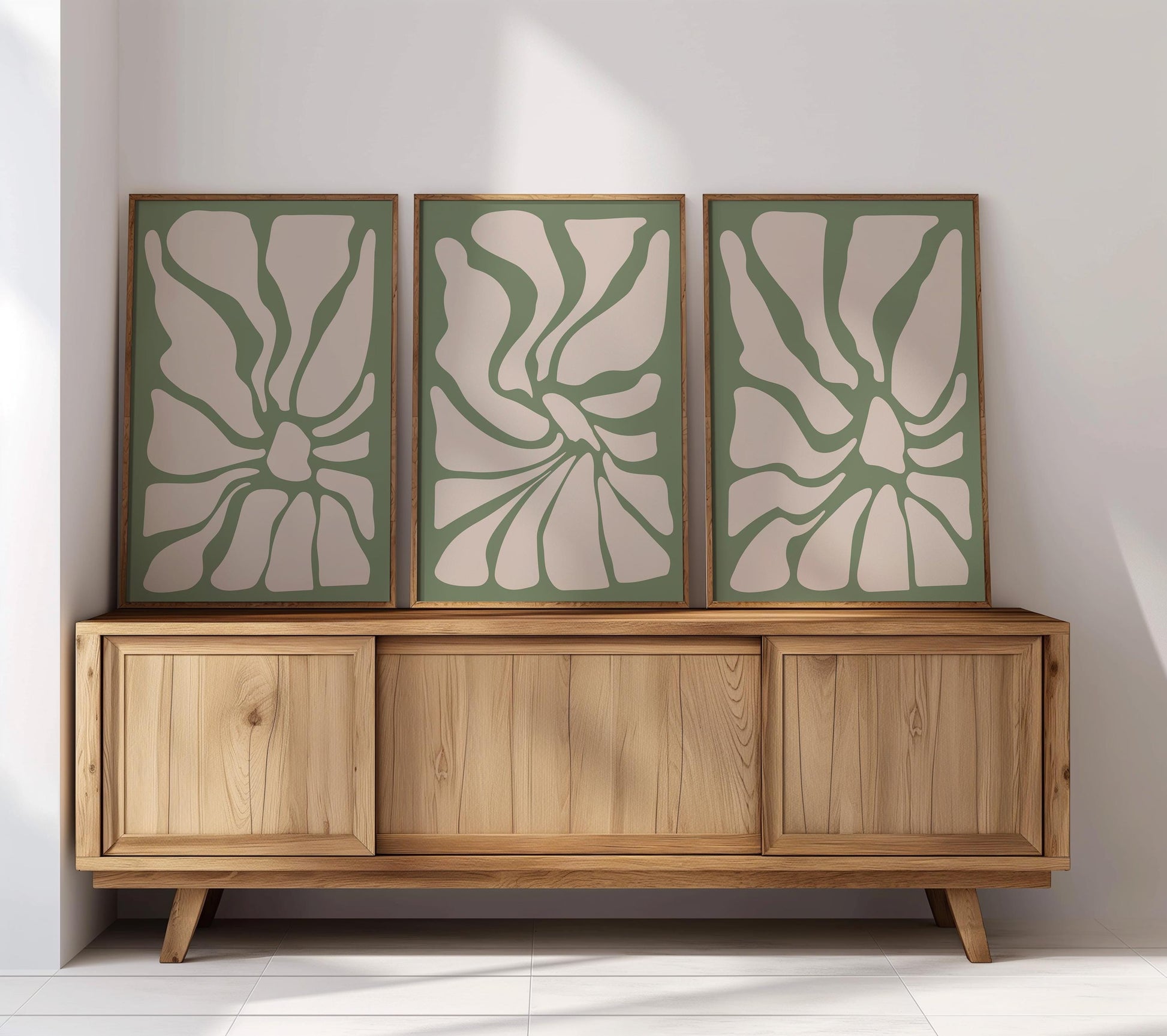 Sage Green Botanical Abstract Prints – Set of 3 Minimalist Wall Art B40