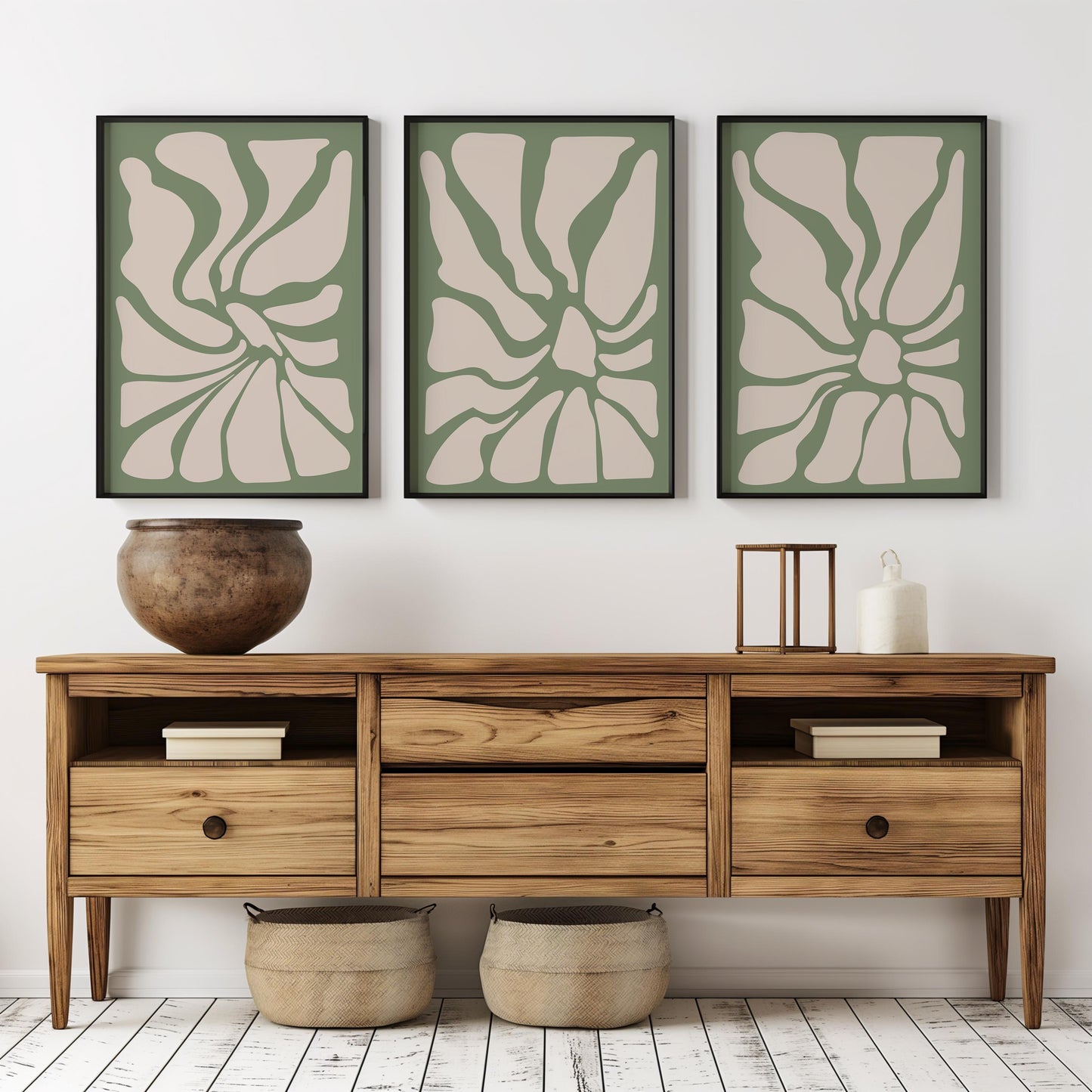 Sage Green Botanical Abstract Prints – Set of 3 Minimalist Wall Art B40