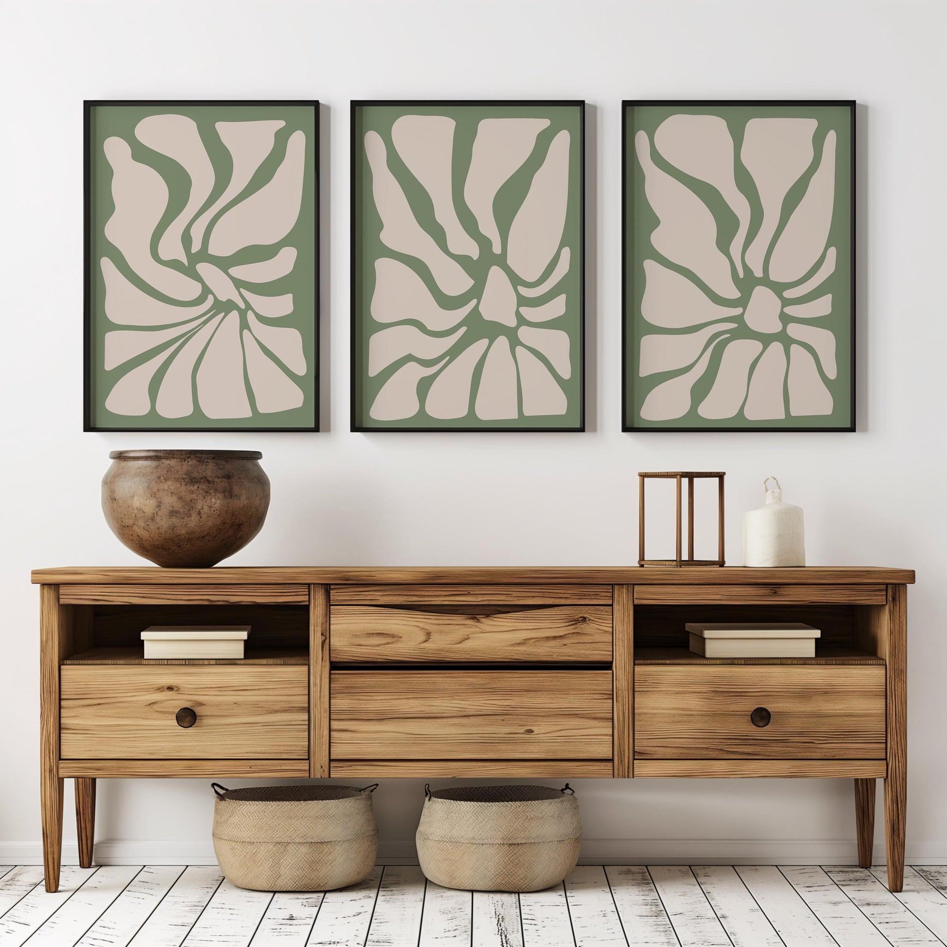 Sage Green Botanical Abstract Prints – Set of 3 Minimalist Wall Art B40