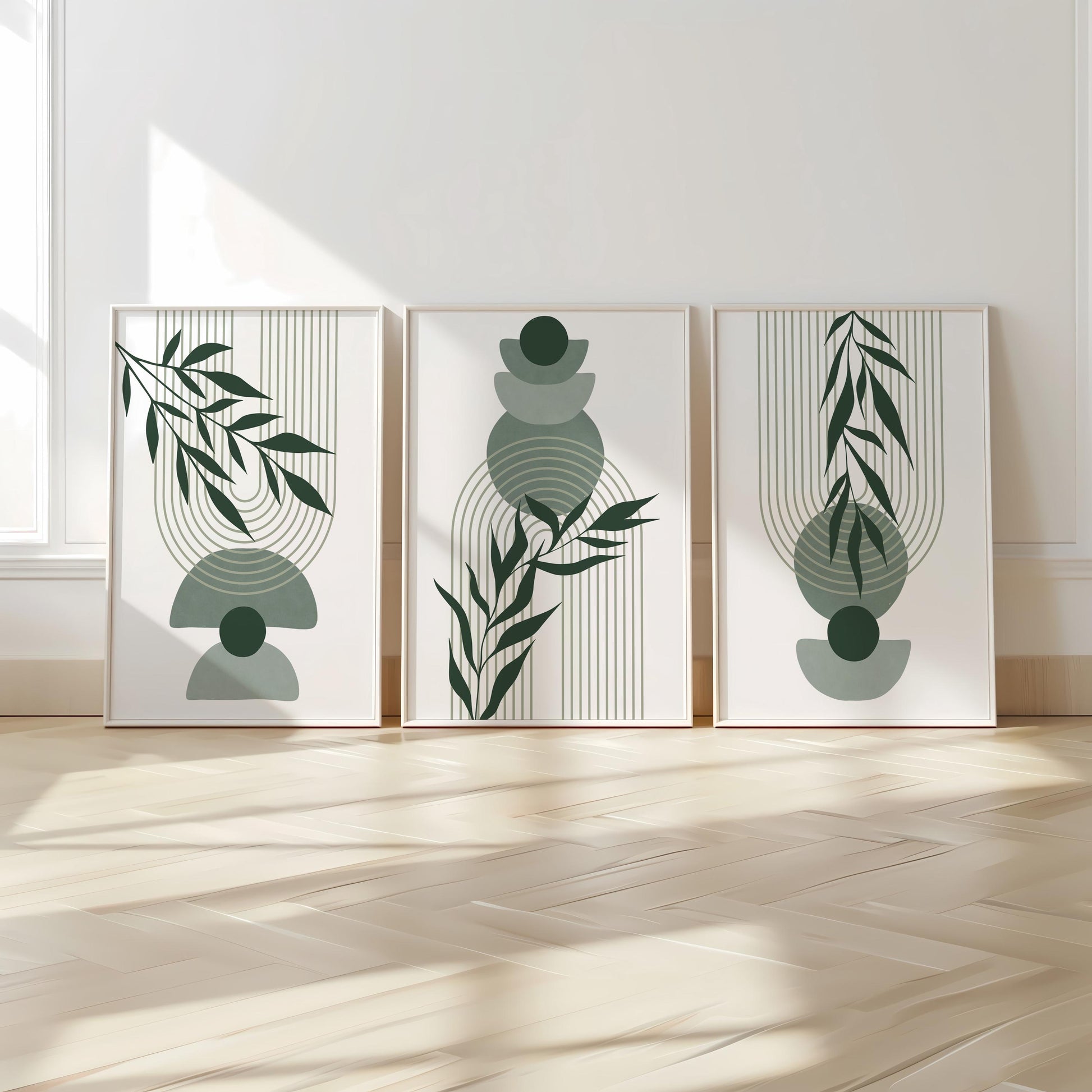 Boho Wall Prints, Set of 3 Wall Art, Sage Green Wall Prints, Boho Abstract Posters, Geometric Wall Poster, Bedroom Floral Wall Decor B022