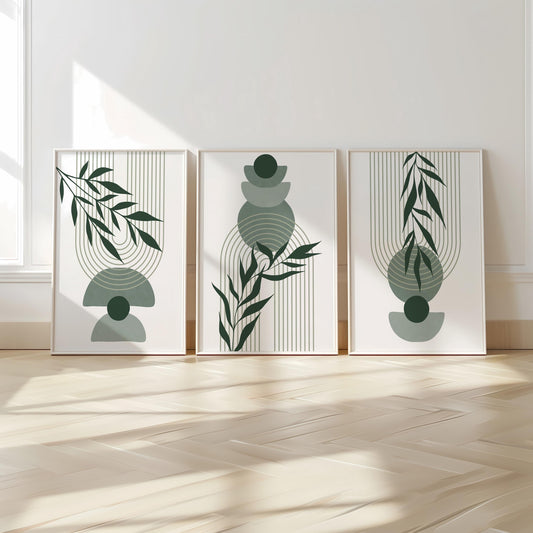 Boho Wall Prints, Set of 3 Wall Art, Sage Green Wall Prints, Boho Abstract Posters, Geometric Wall Poster, Bedroom Floral Wall Decor B022