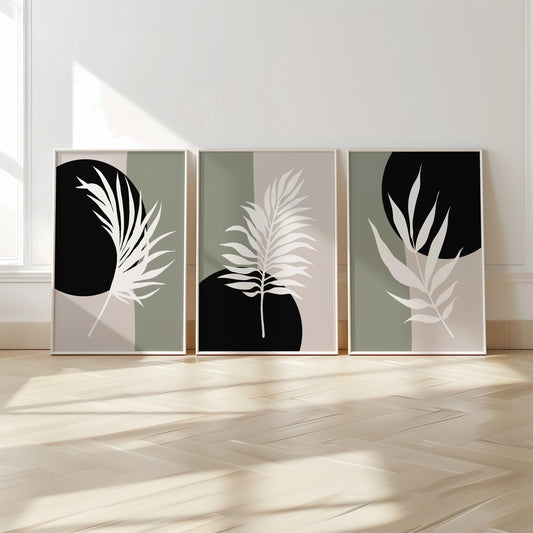 Modern Minimalist Botanical Wall Art Set of 3, Neutral Abstract Plant Prints, Scandinavian Home Decor, Living Room or Bedroom Art B36