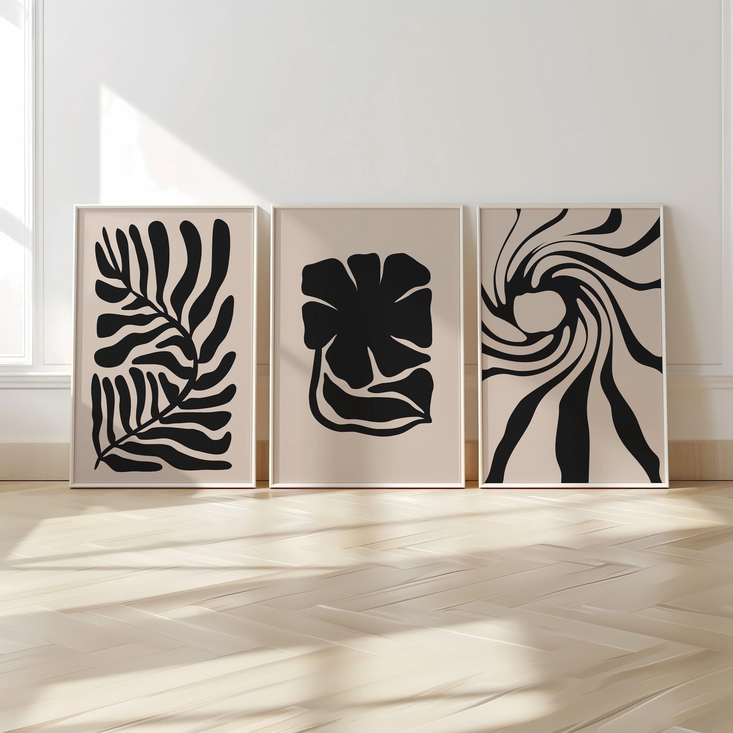 Abstract Plant Prints – Set of 3 Black Botanical Wall Art on Beige, Minimal Scandinavian Decor for Neutral Living Room or Gallery Wall B41