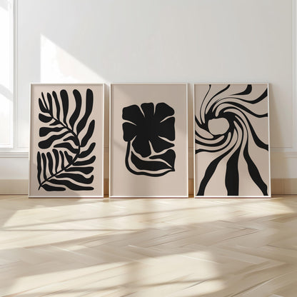 Abstract Plant Prints – Set of 3 Black Botanical Wall Art on Beige, Minimal Scandinavian Decor for Neutral Living Room or Gallery Wall B41