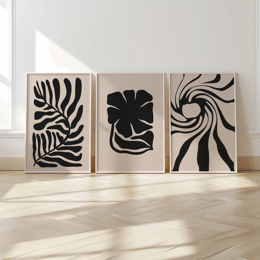 Abstract Plant Prints – Set of 3 Black Botanical Wall Art on Beige, Minimal Scandinavian Decor for Neutral Living Room or Gallery Wall B41