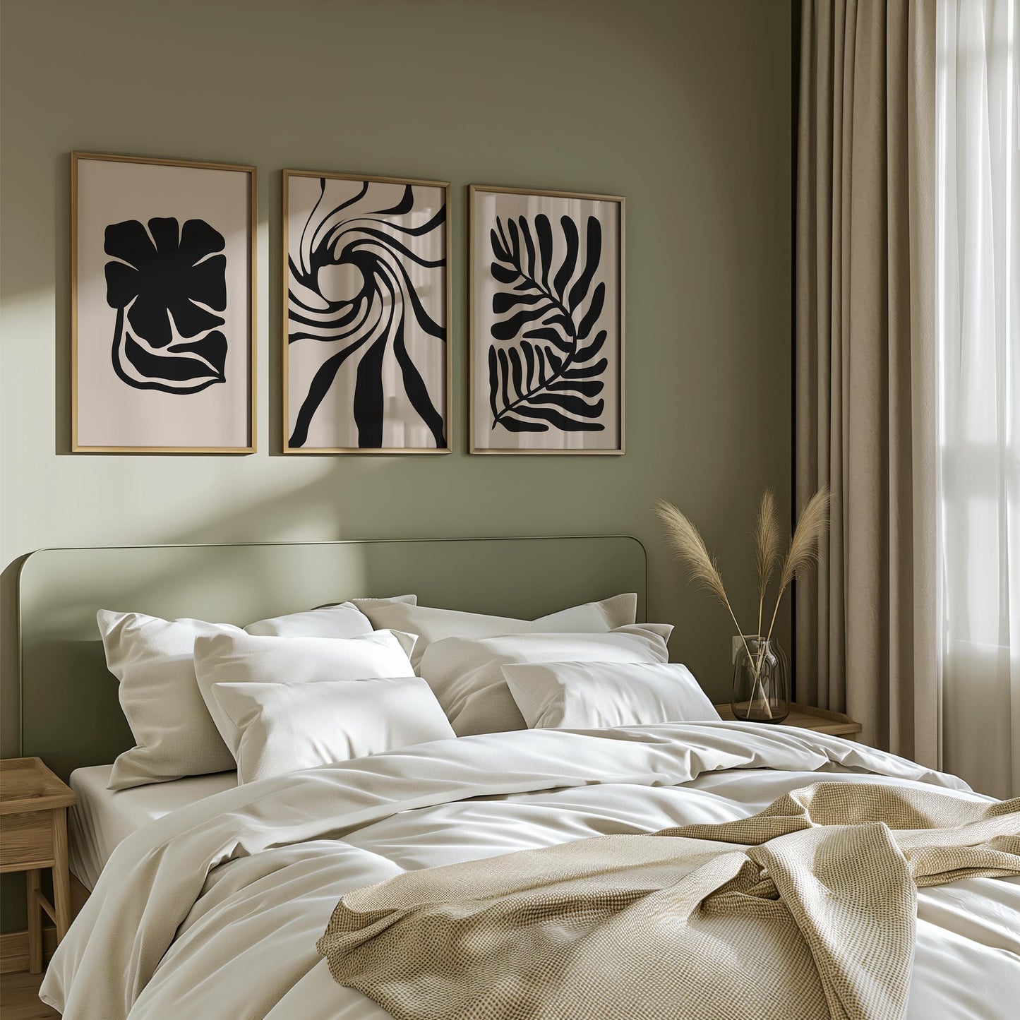 Abstract Plant Prints – Set of 3 Black Botanical Wall Art on Beige, Minimal Scandinavian Decor for Neutral Living Room or Gallery Wall B41