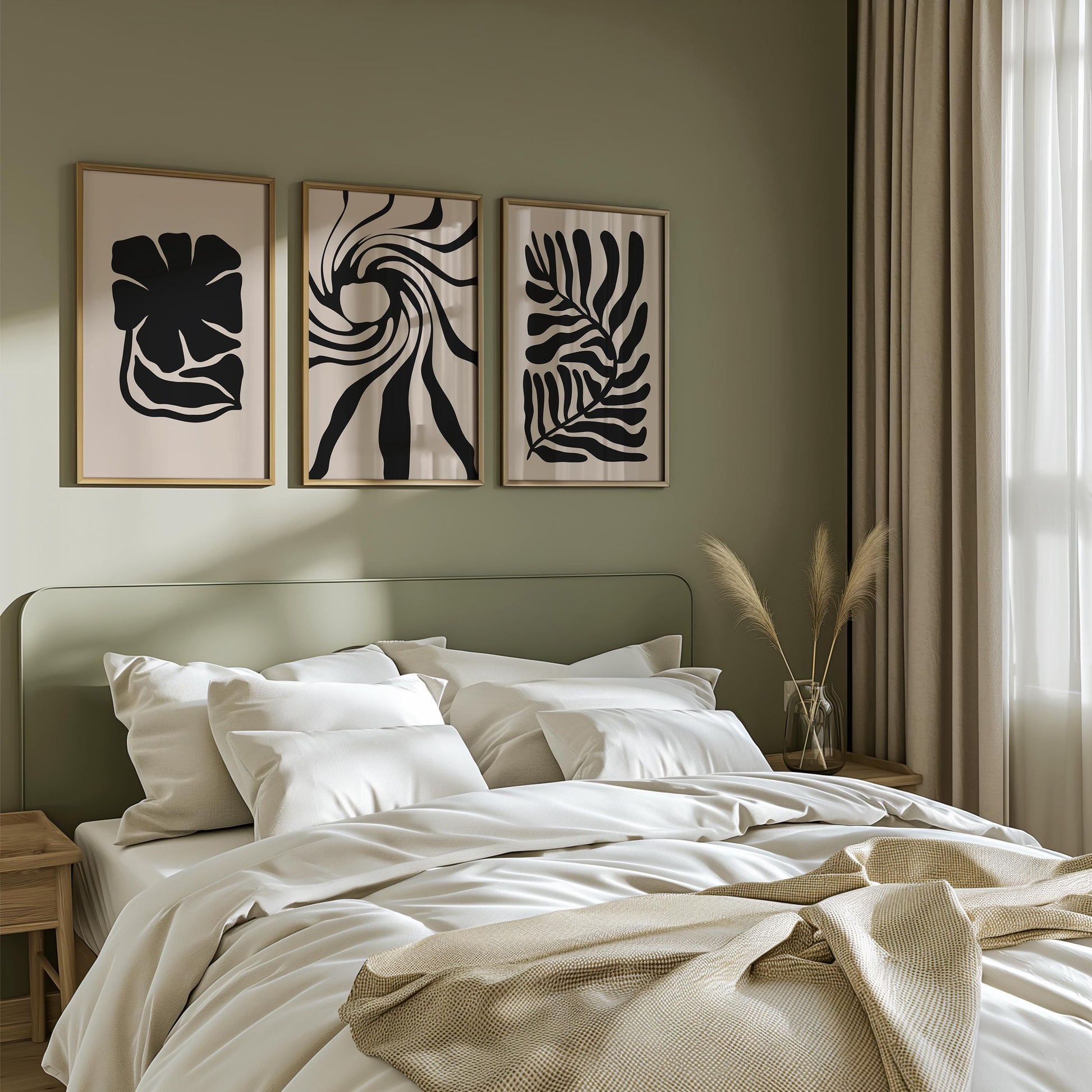Abstract Plant Prints – Set of 3 Black Botanical Wall Art on Beige, Minimal Scandinavian Decor for Neutral Living Room or Gallery Wall B41