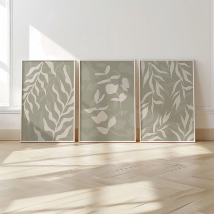 Floral Wall Prints, Set of 3 Boho Wall Art, Eucalyptus Home Decor, Sage Green Calm Botanical Poster, Beige, Mid-Century Style Art B26