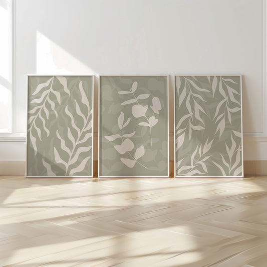 Floral Wall Prints, Set of 3 Boho Wall Art, Eucalyptus Home Decor, Sage Green Calm Botanical Poster, Beige, Mid-Century Style Art B26
