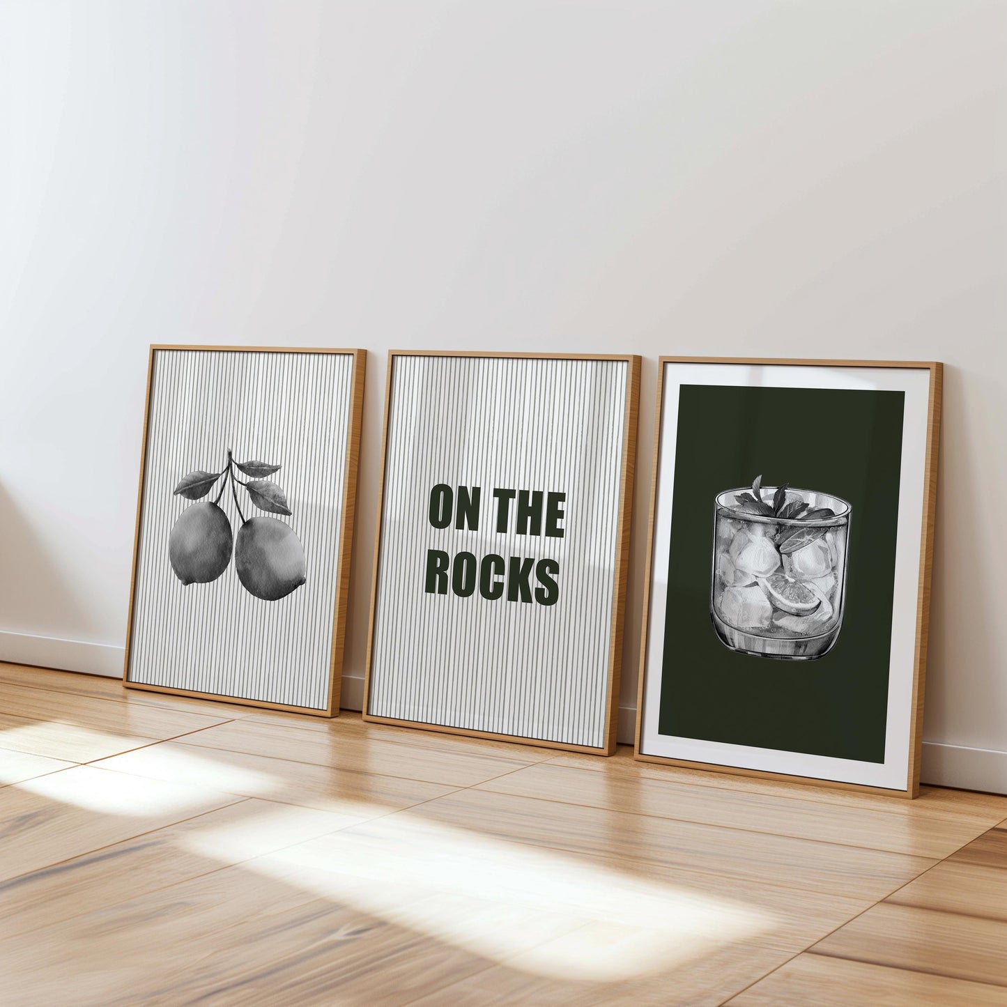 On the Rocks Bar Wall Art Set – Black and White Cocktail Posters, Modern Kitchen or Home Bar Decor, Minimalist Drink Prints (3 Pieces) D146
