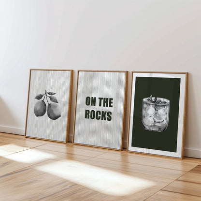 On the Rocks Bar Wall Art Set – Black and White Cocktail Posters, Modern Kitchen or Home Bar Decor, Minimalist Drink Prints (3 Pieces) D146