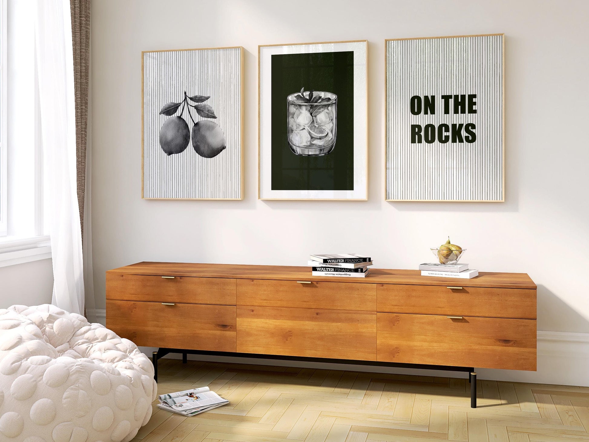 On the Rocks Bar Wall Art Set – Black and White Cocktail Posters, Modern Kitchen or Home Bar Decor, Minimalist Drink Prints (3 Pieces) D146