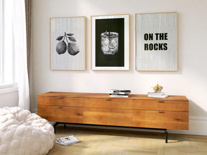 On the Rocks Bar Wall Art Set – Black and White Cocktail Posters, Modern Kitchen or Home Bar Decor, Minimalist Drink Prints (3 Pieces) D146