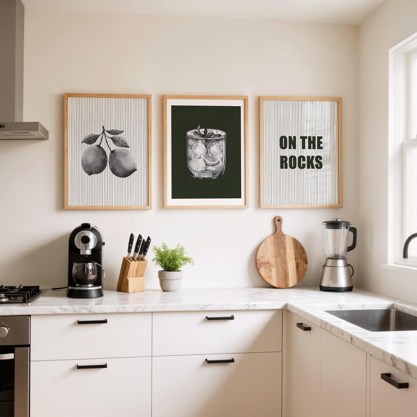 On the Rocks Bar Wall Art Set – Black and White Cocktail Posters, Modern Kitchen or Home Bar Decor, Minimalist Drink Prints (3 Pieces) D146