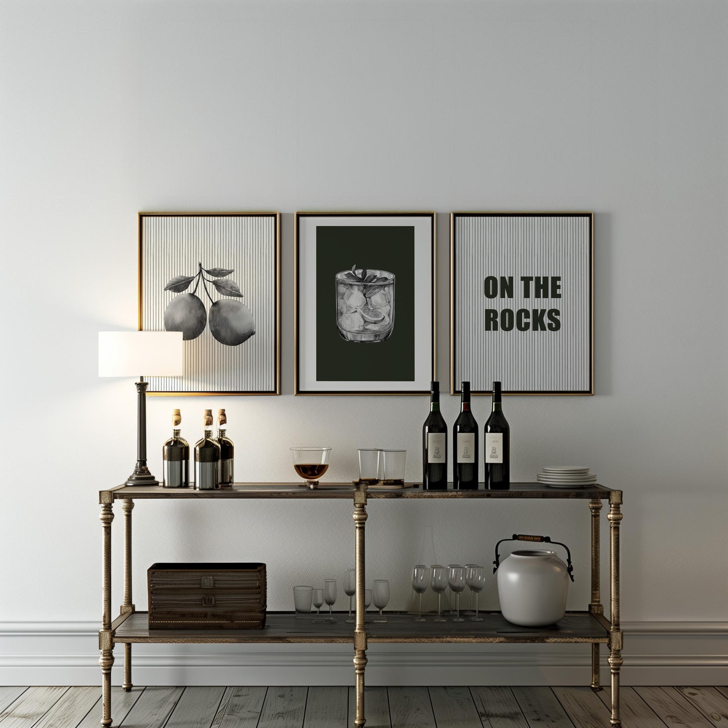 On the Rocks Bar Wall Art Set – Black and White Cocktail Posters, Modern Kitchen or Home Bar Decor, Minimalist Drink Prints (3 Pieces) D146