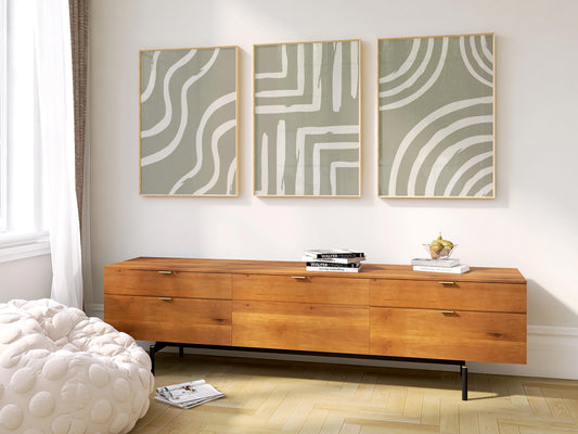 Abstract Green Wall Art Set – Minimalist Line Art Prints, Modern Scandinavian Neutral Decor for Living Room Walls B55