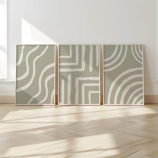 Abstract Green Wall Art Set – Minimalist Line Art Prints, Modern Scandinavian Neutral Decor for Living Room Walls B55