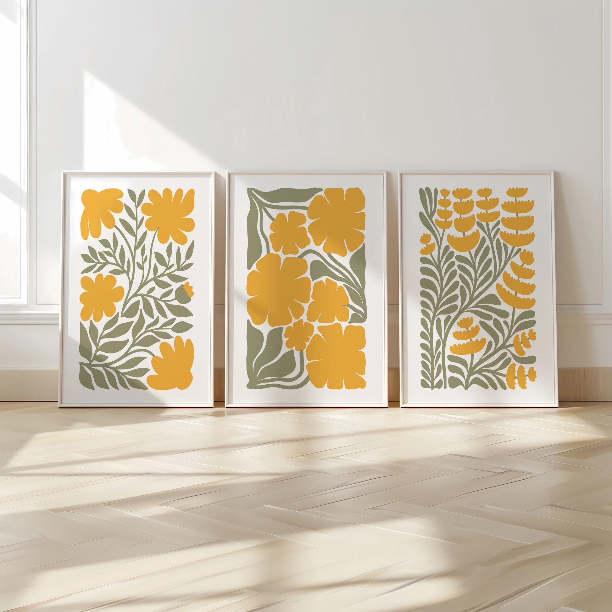 Modern Floral Poster Set of 3 – Yellow Botanical Prints, Minimalist Wall Art for Boho, Mid-Century or Scandi Interiors B42