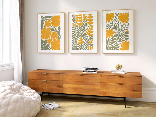 Modern Floral Poster Set of 3 – Yellow Botanical Prints, Minimalist Wall Art for Boho, Mid-Century or Scandi Interiors B42