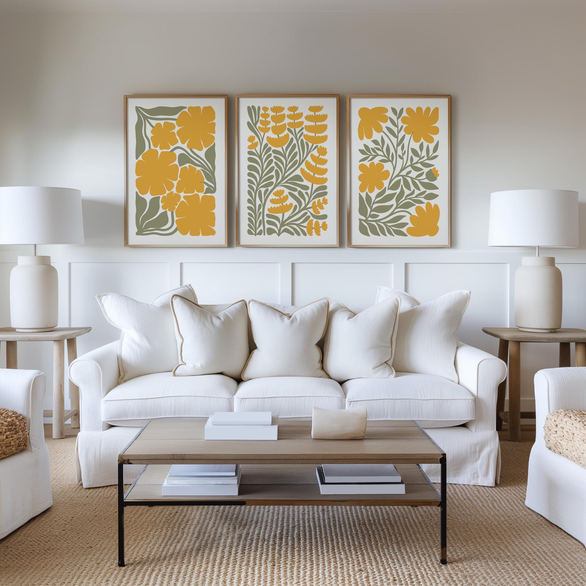 Modern Floral Poster Set of 3 – Yellow Botanical Prints, Minimalist Wall Art for Boho, Mid-Century or Scandi Interiors B42