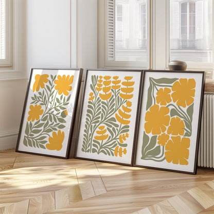 Modern Floral Poster Set of 3 – Yellow Botanical Prints, Minimalist Wall Art for Boho, Mid-Century or Scandi Interiors B42