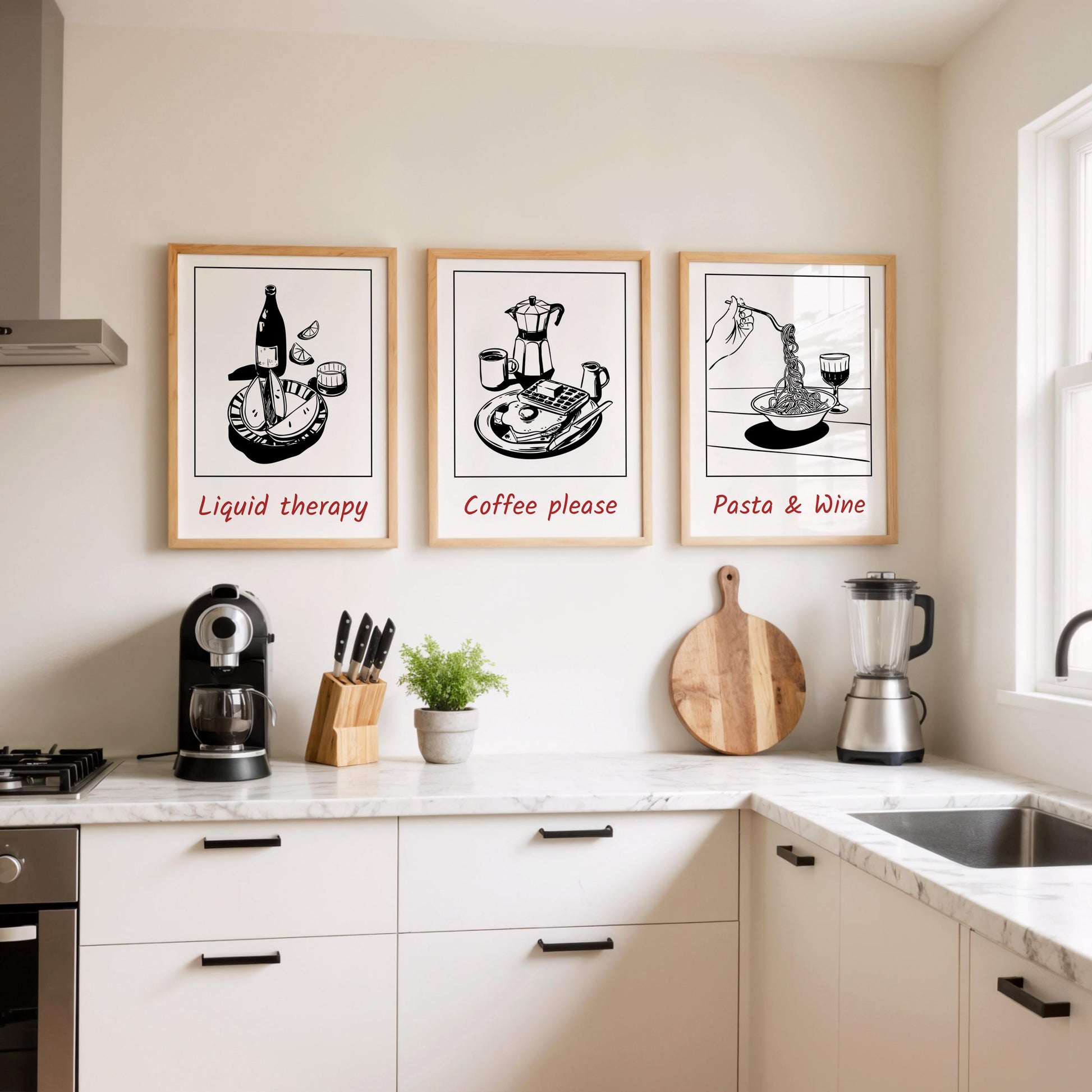 Kitchen Wall Art – Set of 3 Pasta Wine Coffee Prints, Minimalist Black and White Food Posters for Modern Cafe or Dining Room Decor D139