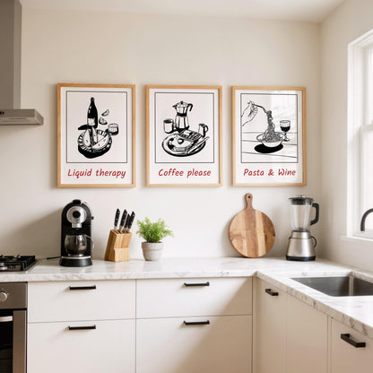 Kitchen Wall Art – Set of 3 Pasta Wine Coffee Prints, Minimalist Black and White Food Posters for Modern Cafe or Dining Room Decor D139