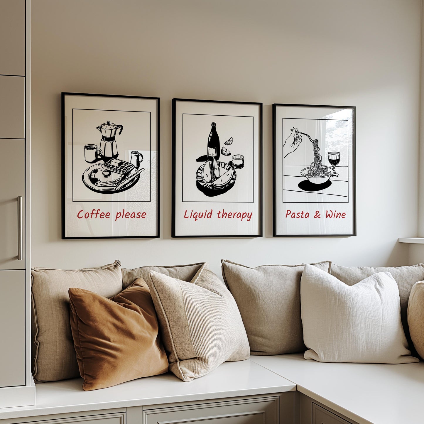 Kitchen Wall Art – Set of 3 Pasta Wine Coffee Prints, Minimalist Black and White Food Posters for Modern Cafe or Dining Room Decor D139