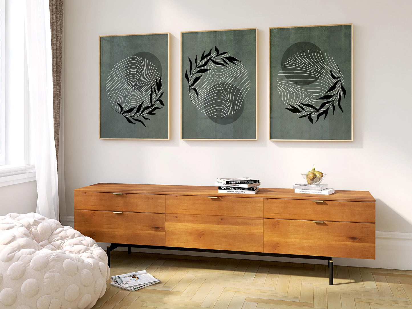 Minimalist Botanical Wall Art – Sage Green Leaf Prints, Scandinavian Modern Neutral Gallery Decor for Living Room B56