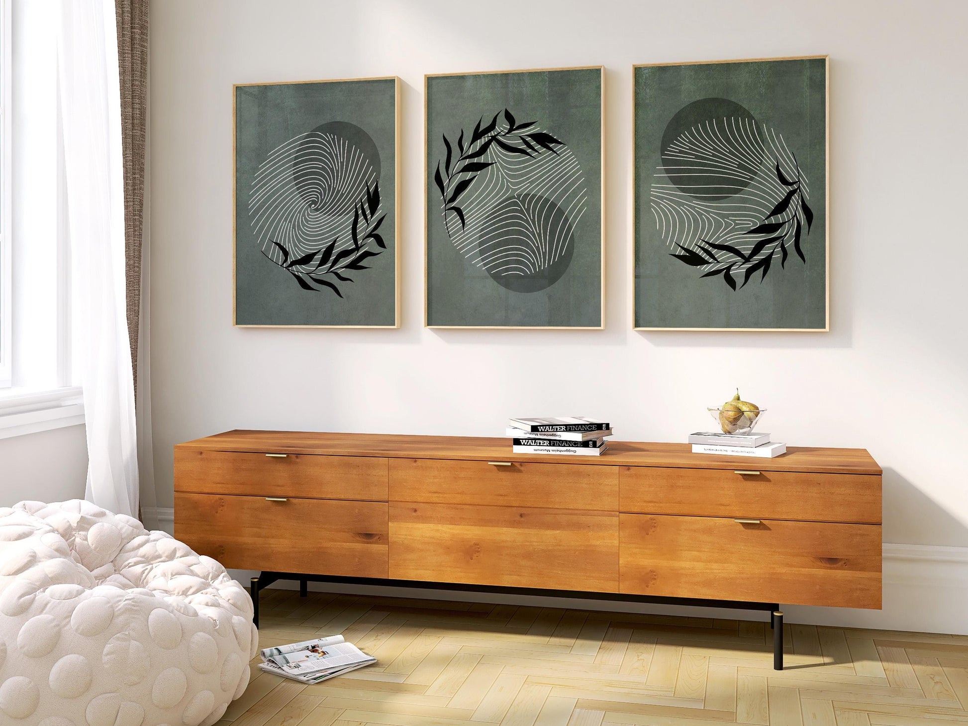 Minimalist Botanical Wall Art – Sage Green Leaf Prints, Scandinavian Modern Neutral Gallery Decor for Living Room B56