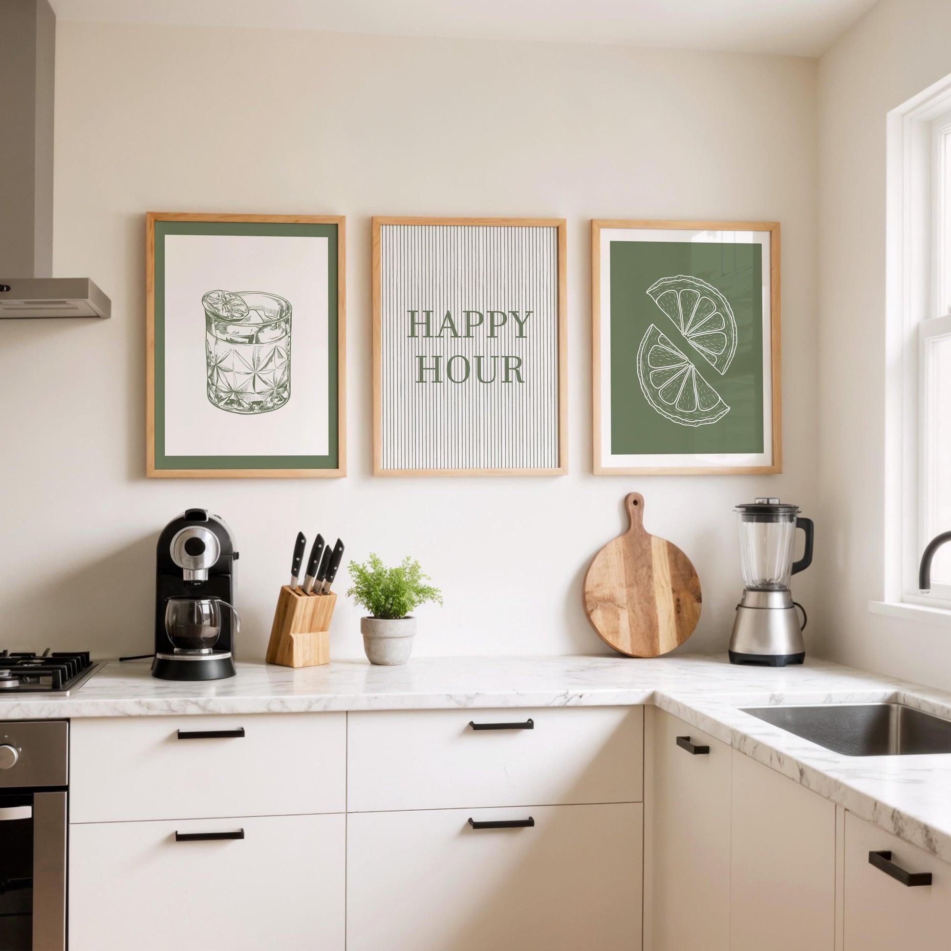 Green Kitchen Print Set, Cocktail Glass, Lime Slice, Bar Decor D147