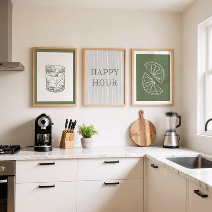 Green Kitchen Print Set, Cocktail Glass, Lime Slice, Bar Decor D147