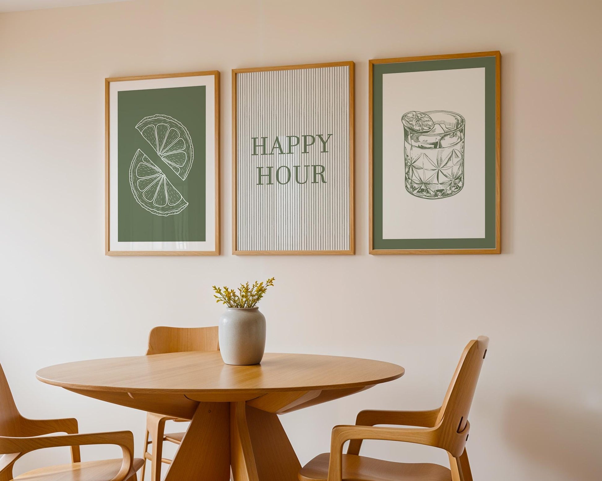 Green Kitchen Print Set, Cocktail Glass, Lime Slice, Bar Decor D147