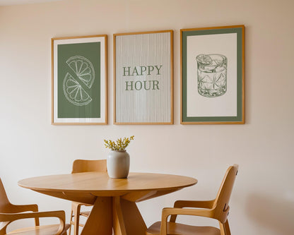 Green Kitchen Print Set, Cocktail Glass, Lime Slice, Bar Decor D147