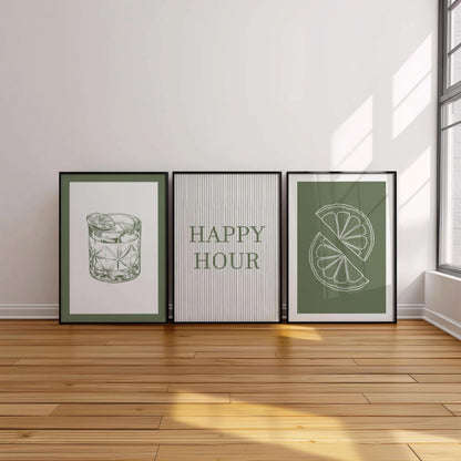 Green Kitchen Print Set, Cocktail Glass, Lime Slice, Bar Decor D147