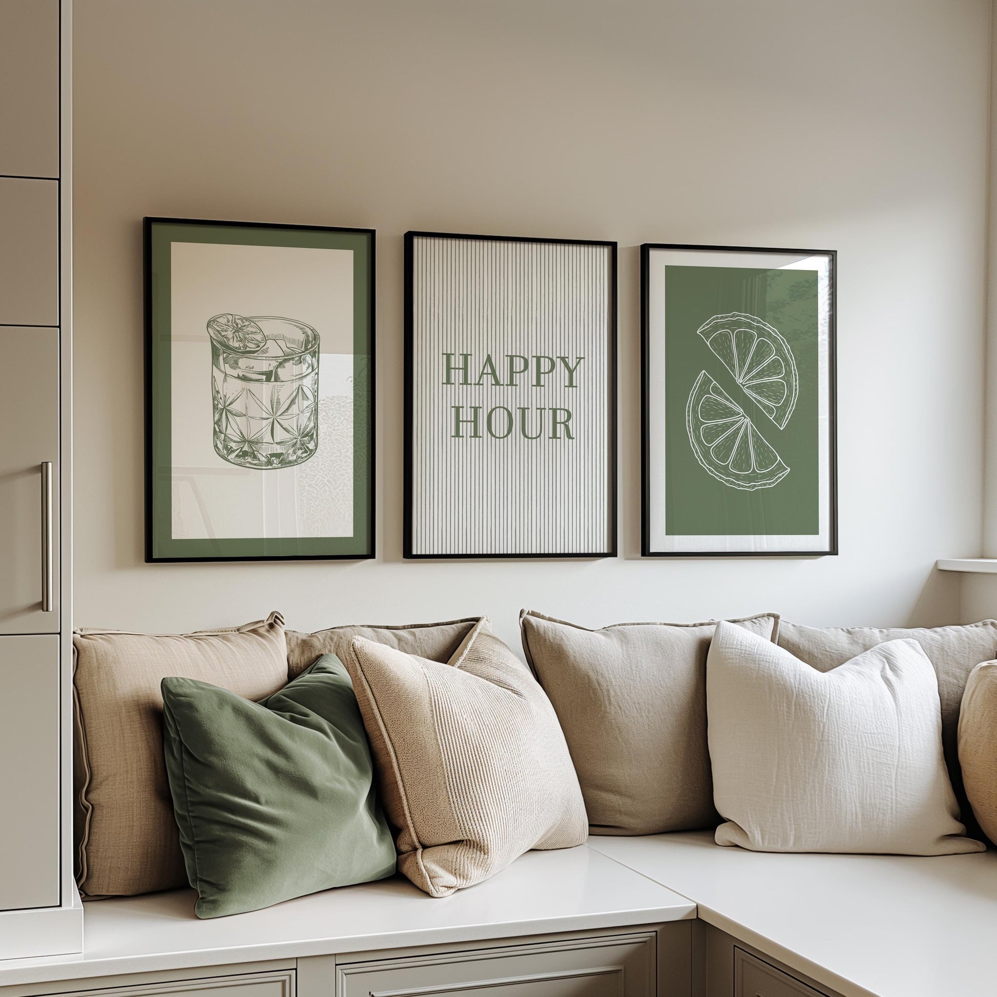 Green Kitchen Print Set, Cocktail Glass, Lime Slice, Bar Decor D147