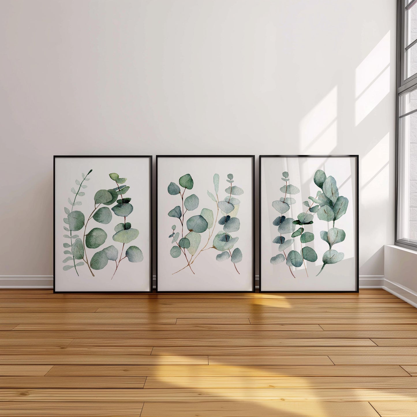 Botanical Eucalyptus Wall Art – Earthy Green Triptych for Modern Home Decor, Bedroom, Living Room – Physical Poster Print UNFRAMED F2