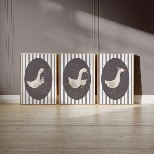 Goose Nursery Print Set, Striped Decor, Retro Kids Wall Art N232