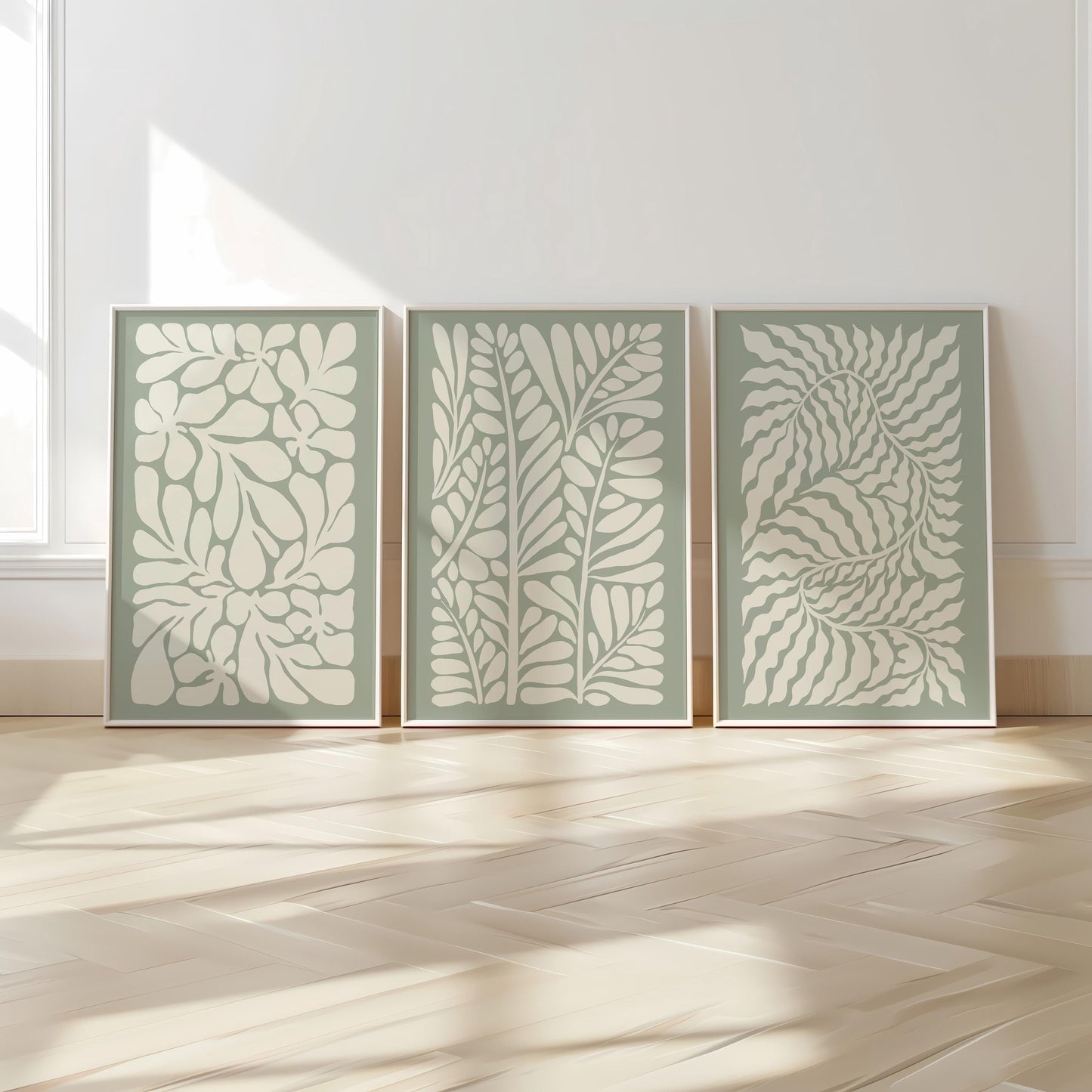 Sage Green Leaf Prints – Set of 3 Neutral Botanical Wall Art for Living Room or Bedroom, Modern Minimalist Plant Decor, Gallery Style B43
