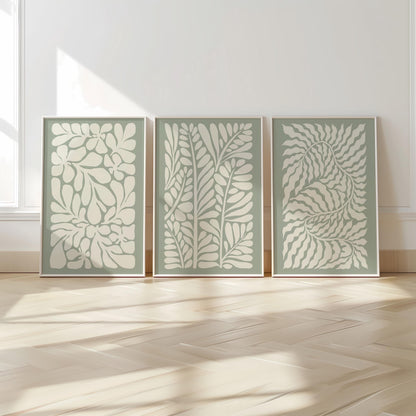 Sage Green Leaf Prints – Set of 3 Neutral Botanical Wall Art for Living Room or Bedroom, Modern Minimalist Plant Decor, Gallery Style B43