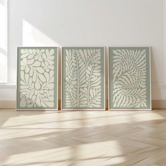 Sage Green Leaf Prints – Set of 3 Neutral Botanical Wall Art for Living Room or Bedroom, Modern Minimalist Plant Decor, Gallery Style B43