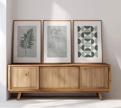 Sage Green Modern Wall Prints – Set of 3 Minimalist Posters with Face Line Art, Leaf & Geometric Shapes for Scandinavian Neutral Decor B44