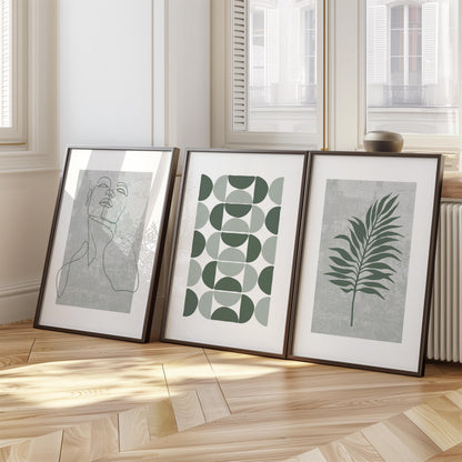 Sage Green Modern Wall Prints – Set of 3 Minimalist Posters with Face Line Art, Leaf & Geometric Shapes for Scandinavian Neutral Decor B44
