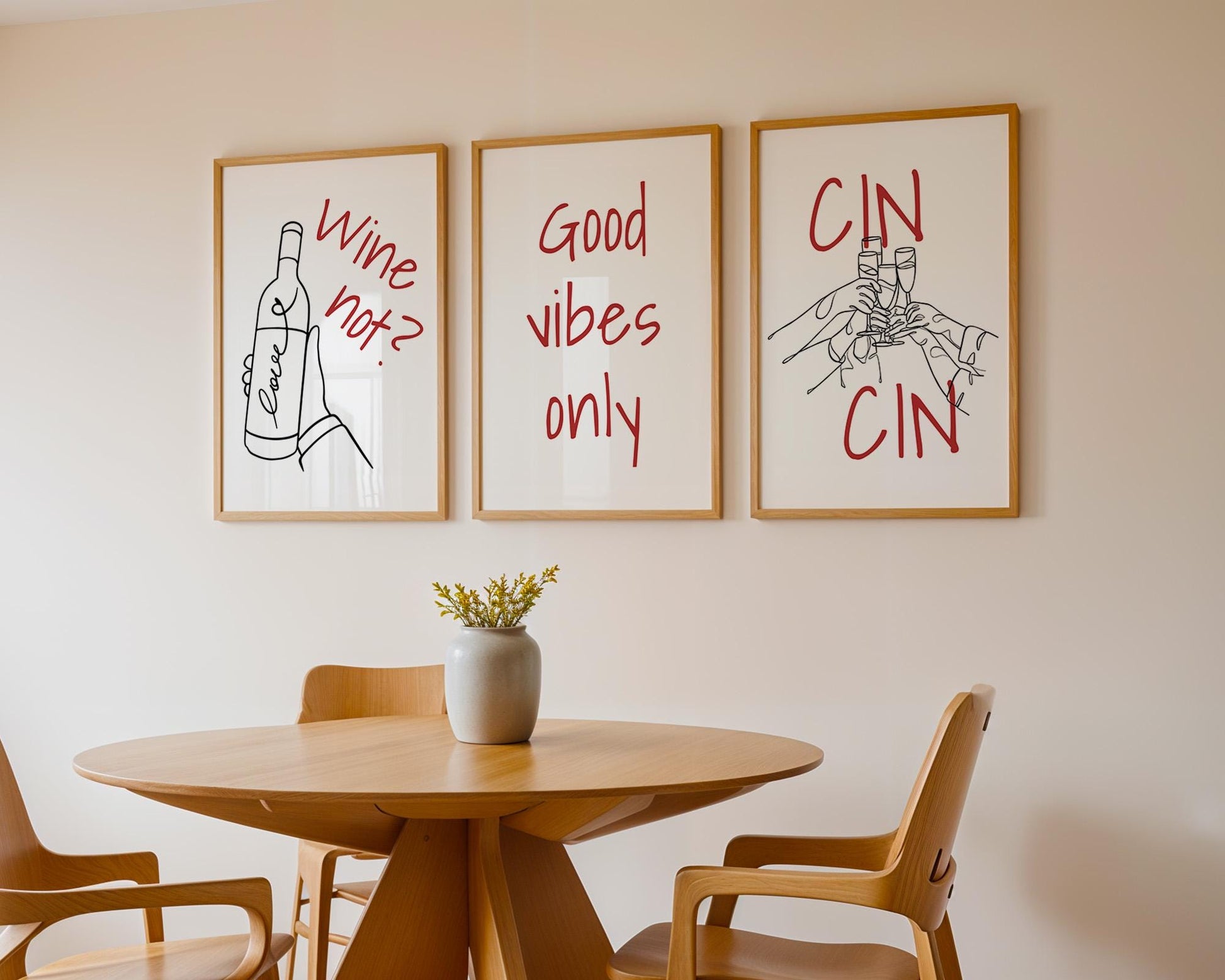 Funny Wine Art Prints for Kitchen – Set of 3 Red Line Posters d140