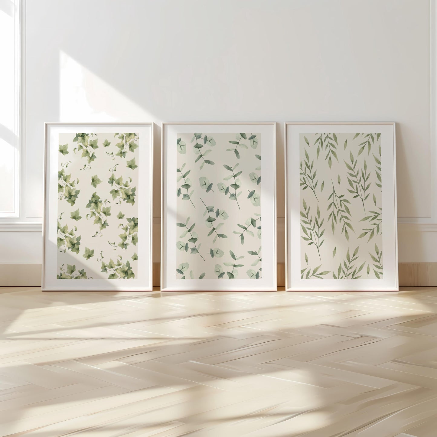 Botanical Pattern Wall Prints, Set of 3  Boho Wall Art, Home Decor, Green Calm Floral Poster, Beige, Mid-Century Style Art B024